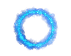 Fototapeta premium Blue magic portal. Blue round holograms with rays of light and sparkles and fog or smock. Glowing futuristic teleport tunnel. Blue neon lights illuminate the night scene with sparkles. Light effect. P