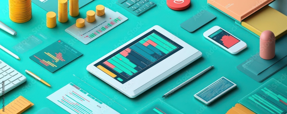 Poster a colorful workspace featuring digital devices and charts for data analysis, emphasizing productivit