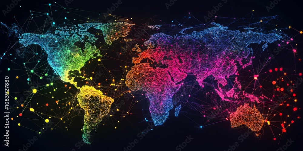 Sticker vibrant global network with interconnected dots and lines in neon colors
