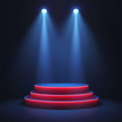Obraz premium Red winner stage with a rectangular podium, illuminated by searchlights. An empty pedestal with a spotlight and floodlights creating dramatic lighting. Concept for product display on a 3D render stage