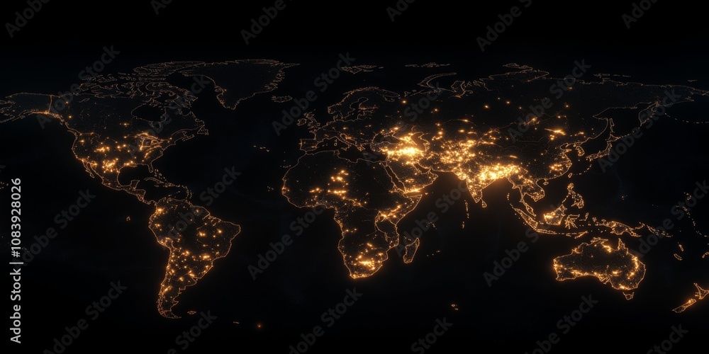 Wall mural abstract digital map with glowing world connectivity lines on a dark background