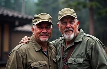 Fototapeta premium Two men stand close and smile outdoors. Friendly and supportive. They wear matching khaki outdoor style jackets and hats. Outdoorsy atmosphere. Happy and friendly. Likely outdoors. Good relationships.