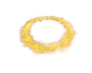Obraz premium Yellow magic portal. Yellow round holograms with rays of light and sparkles and fog or smock. Glowing futuristic teleport tunnel. Yellow neon lights illuminate the night scene with sparkles. Light eff