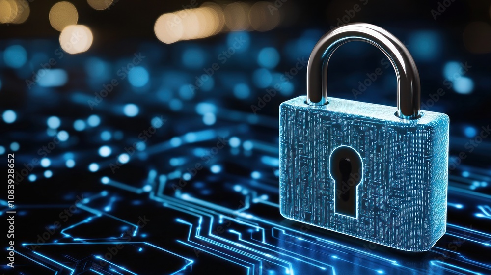 Poster a digital padlock on a circuit board background, symbolizing cybersecurity and data protection.