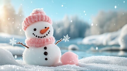 Fototapeta premium Adorable Snowman with Pink Hat and Scarf Enjoying a Winter Wonderland in a Merry Snowy Landscape with Soft Sunlight and Gentle Snowfall