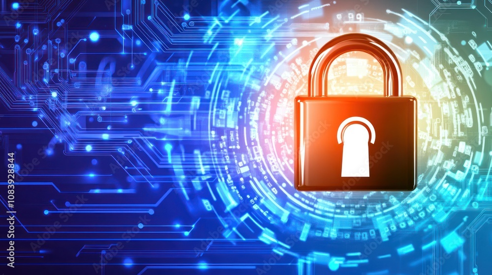 Poster digital lock symbolizing cybersecurity and data protection on a tech-themed background.