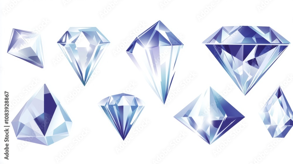 Poster a collection of sparkling diamonds in various shapes and cuts on a clean background, showcasing thei