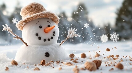 Obraz premium Cheerful Snowman with Hat and Carrot Nose Surrounded by Falling Snowflakes in a Winter Wonderland Landscape Filled with Decorated Trees and Soft Snow