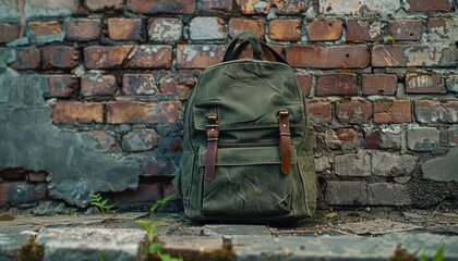 A single, green militarystyle canvas backpack leaning against an old brick wall