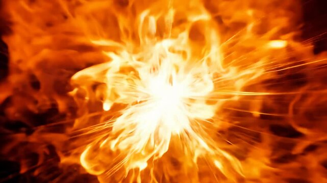 Camera zooms in on a bright explosion of fiery oranges with energetic sparks and light rays bursting outward in a bold and bright establishing scene