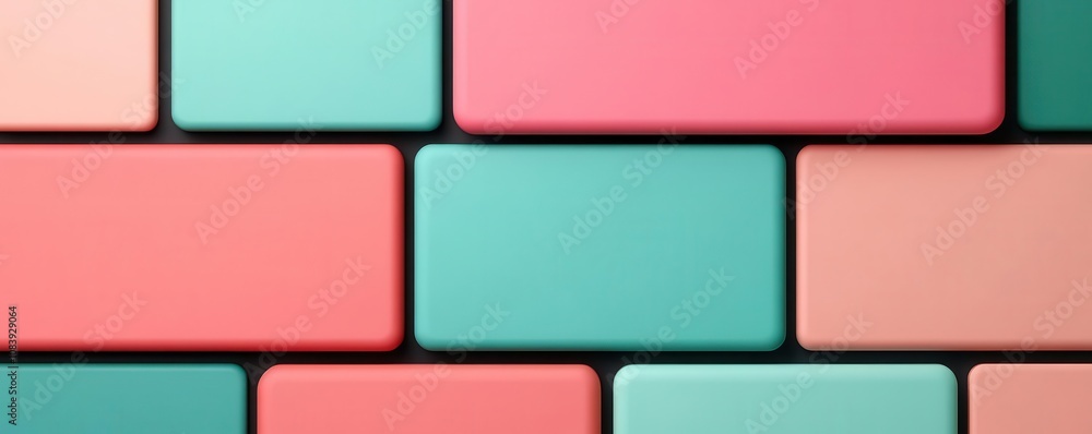Poster a vibrant arrangement of rectangular tiles in soft pink and teal hues, creating a visually appealing