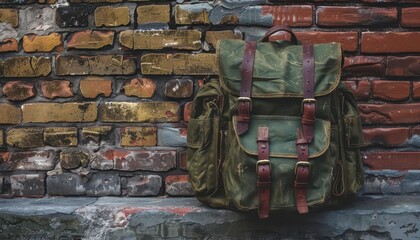 A single, green militarystyle canvas backpack leaning against an old brick wall