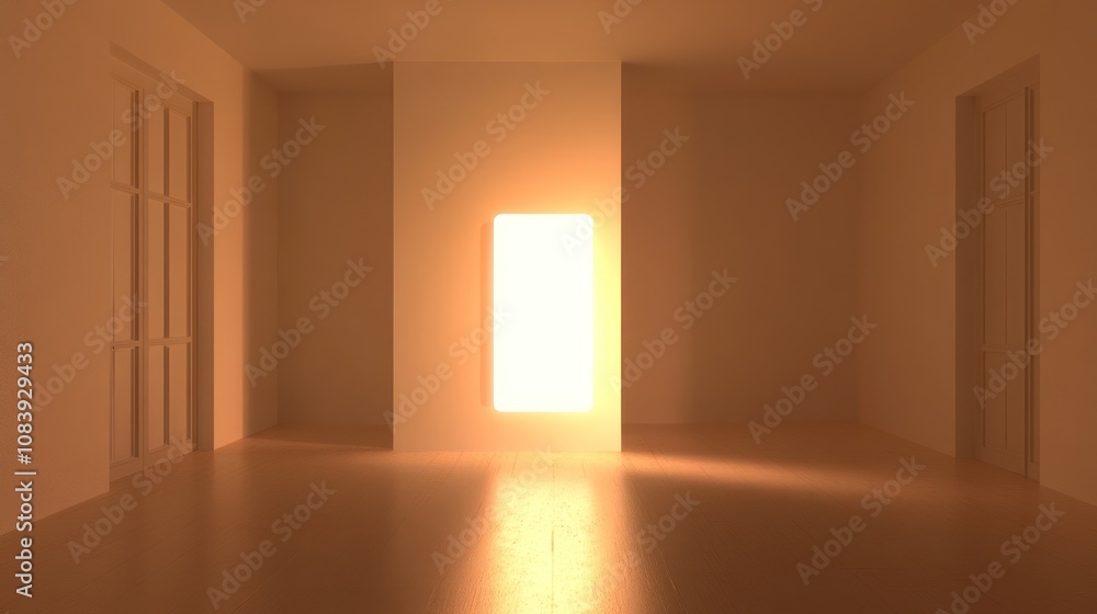 Poster a minimalist room with a glowing rectangular light source, creating a serene atmosphere.