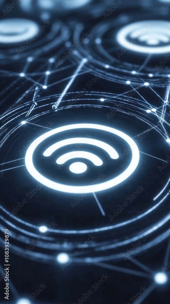Poster a digital representation of a wireless connectivity symbol with network connections.