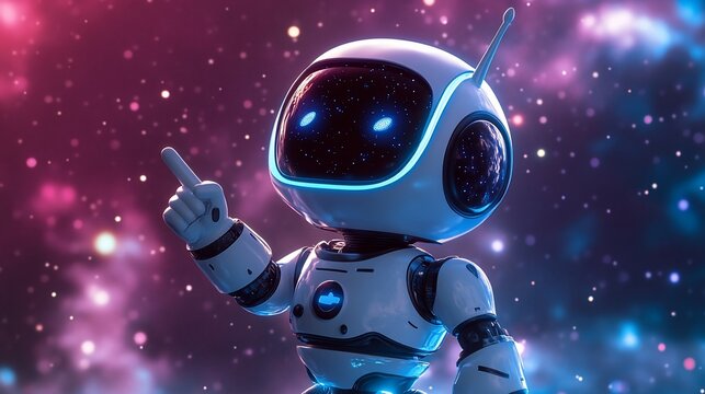  Cute robot pointing against cosmic backdrop.