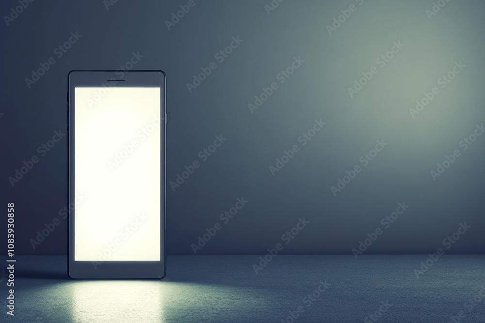 Poster a smartphone with a blank screen illuminated in a dimly lit environment.