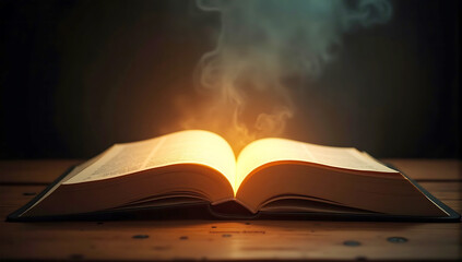 An open book emitting glowing light, representing the spread of knowledge, placed on a wooden table with a dark, dramatic background.