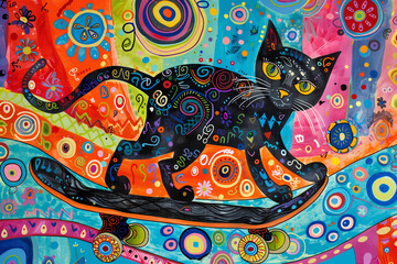 Fototapeta premium A whimsical cat doing tricks on a skateboard, surrounded by playful details and a colorful background.