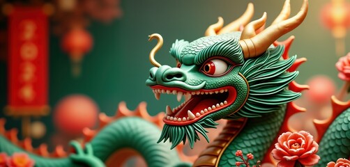 Fototapeta premium Green, gold dragon statue with flowers. Chinese new year symbol for 2024. Traditional Asian design. Decorative ornament. Festive concept. Wooden texture. Dragon figurine. Cultural celebration.
