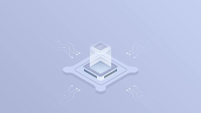 Isometric Animation Chip. 3d Isometric artificial intelligence chip animation. 3d chip processor. Good for websites, banners, and landing pages
