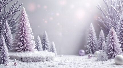 Fototapeta premium Festive Christmas composition with empty space. Set against a snowy backdrop, it conveys the warmth and elegance of holiday celebrations and seasonal joy.