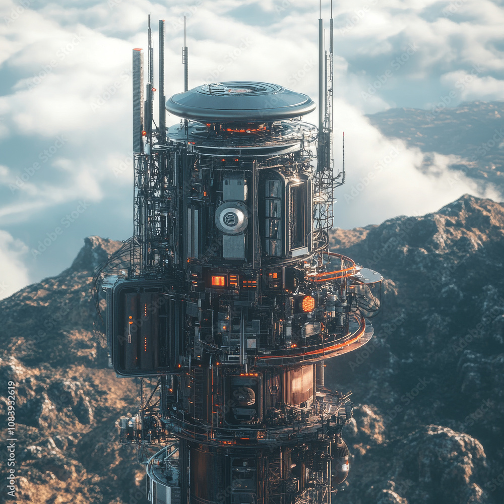 Poster a 3d rendering of a telecommunication tower equipped with network wireless systems and antennas. the