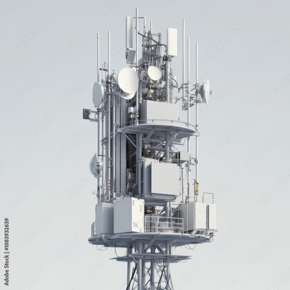 Poster a 3d rendering of a telecommunication tower equipped with network wireless systems and antennas. the
