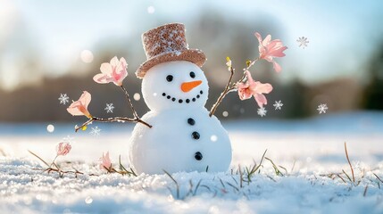 Obraz premium Cheerful Snowman Decorated with Flowers and Snowflakes in a Winter Landscape, Symbolizing the Beauty of Seasonal Change and Holiday Spirit