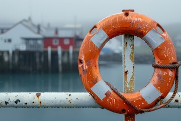A single, orange life buoy hanging on a white pier