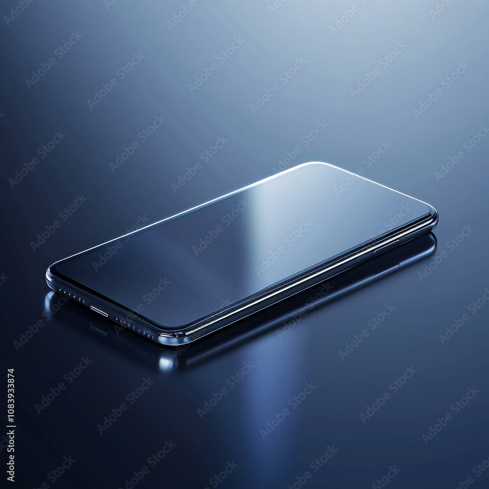 Poster a 3d illustration of a modern smartphone with a glass screen, resting on a surface. the design featu