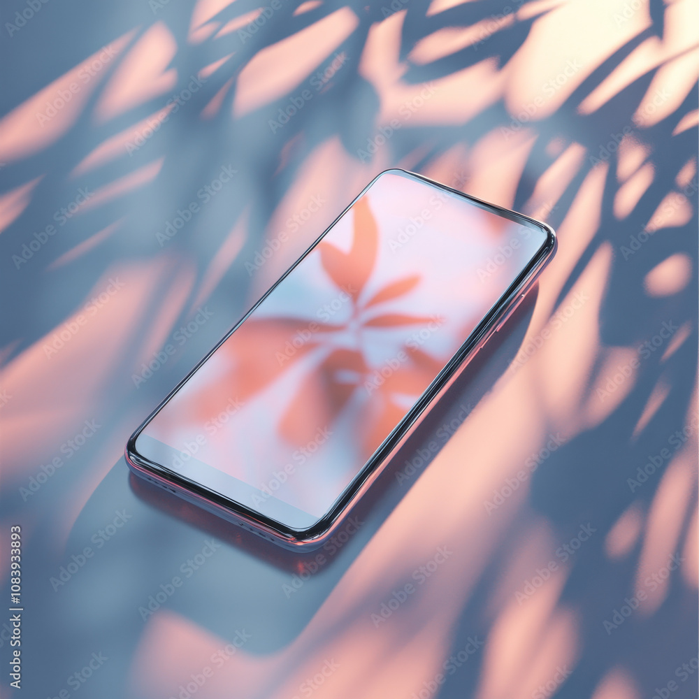 Poster a 3d illustration of a modern smartphone with a glass screen, resting on a surface. the design featu