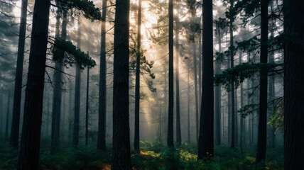 Obraz premium Magical Forest at Sunrise with Fog and Sun Rays