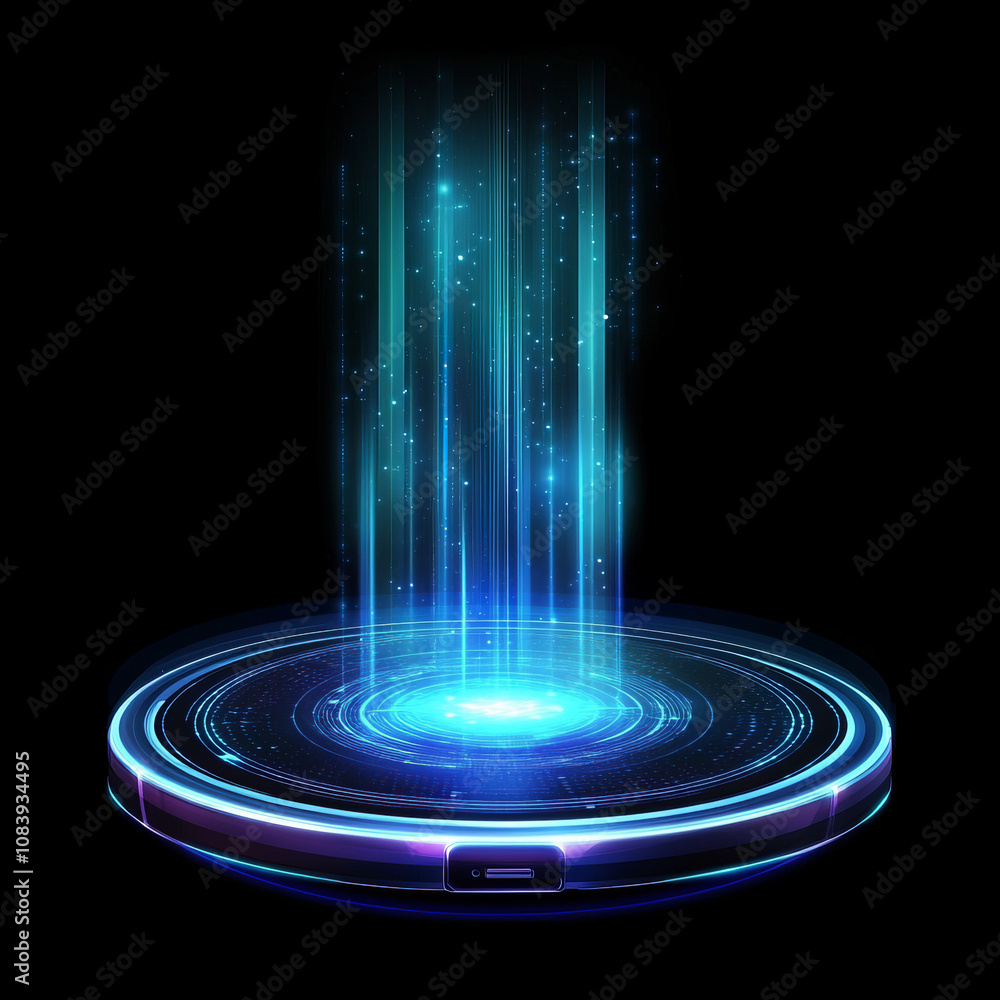 Poster a futuristic 3d concept of a smartphone with a hologram projector, surrounded by sci-fi digital elem
