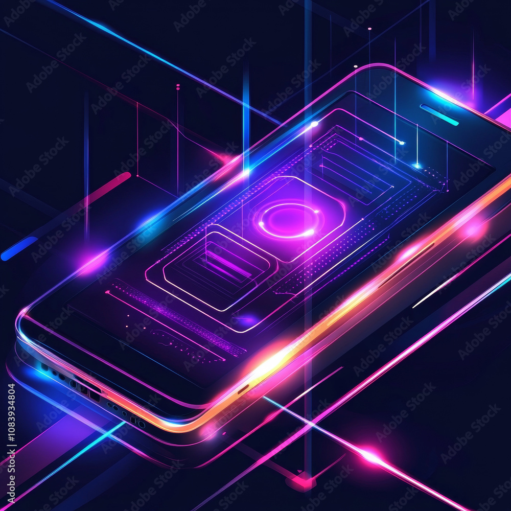 Poster a 3d mockup of a mobile phone with a holographic display and hud interface, set against an abstract 
