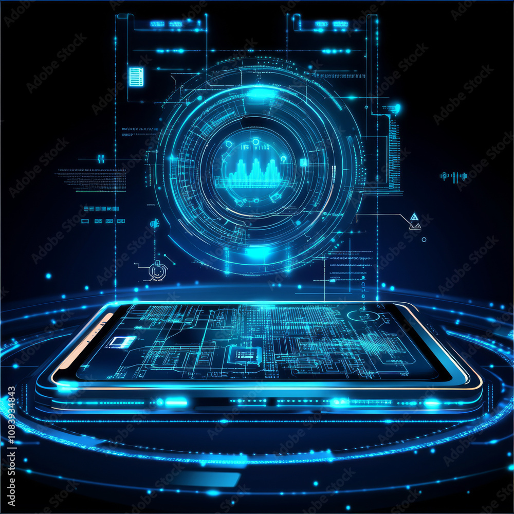 Poster a 3d mockup of a mobile phone with a holographic display and hud interface, set against an abstract 