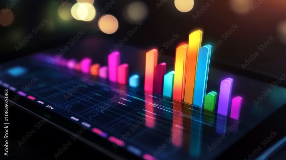 Poster Vibrant Data Visualization on Tablet Screen with Colorful Bar Graphs Representing Growth, Analysis, and Technology in a Digital Environment