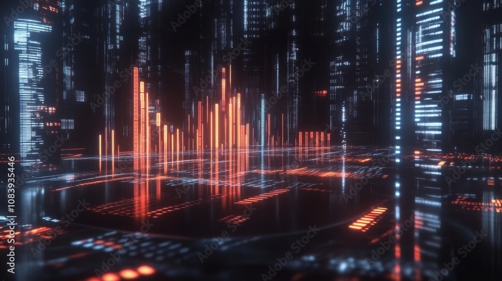 Aufkleber futuristic digital landscape with bright data visualization elements showcasing glowing bars and lin