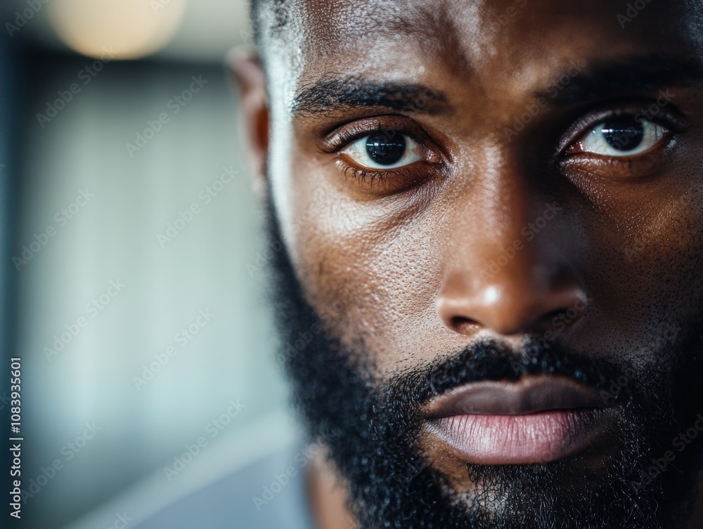 Poster close-up portrait of a man with a beard and intense expression