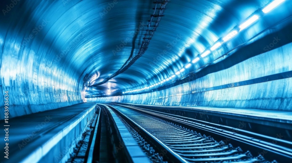 Aufkleber futuristic subway tunnel with illuminated walls and curved tracks captured in stunning blue light, e