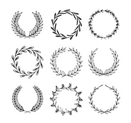 Fototapeta premium Silhouette Laurel Wreath Vector Set – Minimalist Black and White Decorative Elements for Logos, Awards, Branding, Certificates, Invitations, and Typography Design