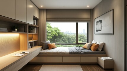 Modern Window Seat with Built-in Desk and Shelving in a Cozy Room