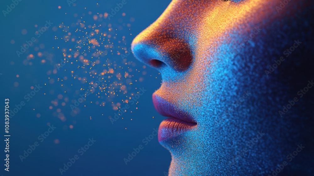 Poster close-up of a human face with a glowing blue and orange texture, demonstrating artistic details and 