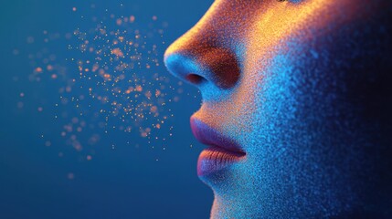 Obraz premium Close-Up of a Human Face with a Glowing Blue and Orange Texture, Demonstrating Artistic Details and Subtle Sparkles in a Captivating Visual Composition