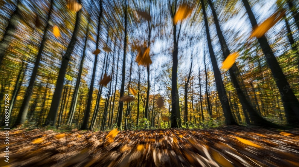 Poster vibrant autumn forest with blurred motion leaves and tall trees under bright blue sky capturing the 