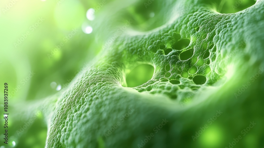 Poster close-up view of green cellular structures showcasing intricate textures and patterns