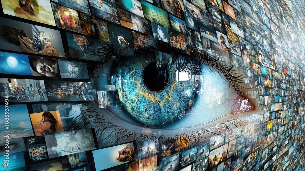 Aufkleber surreal concept of digital media and eye with numerous images reflecting, symbolizing information ov