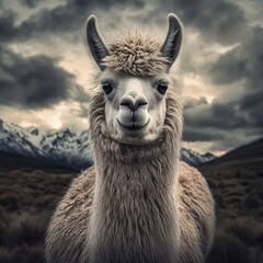 Obraz premium a close-up of a llama against a dramatic sky with mountains in the background