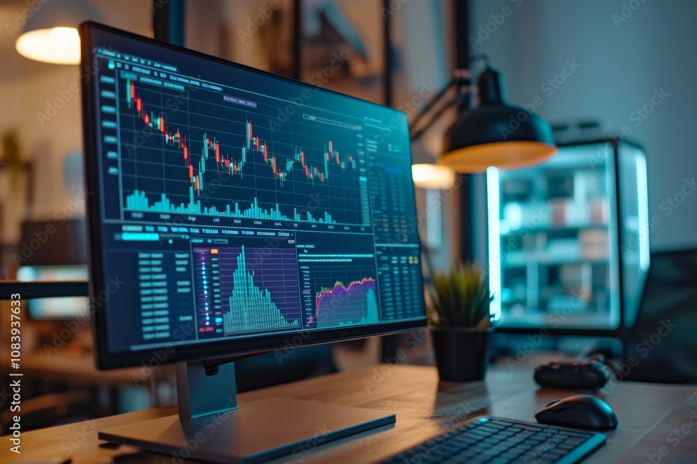 Aufkleber a person analyzes stock market trends on a computer displaying detailed graphs and data in a contemp