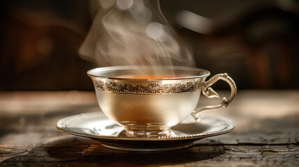 Fototapeta premium A single, silver teacup on a saucer with a steaming Earl Grey tea