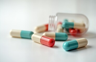 Colorful medicine pills, capsules scattered on white surface. Clear pill bottle with similar pills visible. Health care concept. Pharmaceutical product. Medical supplies. Prescription drugs. Medicine